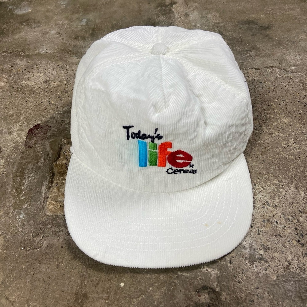 Vintage 80s Life Cereal Cap Snap Back Adjustable White Corduroy Multicolor Logo